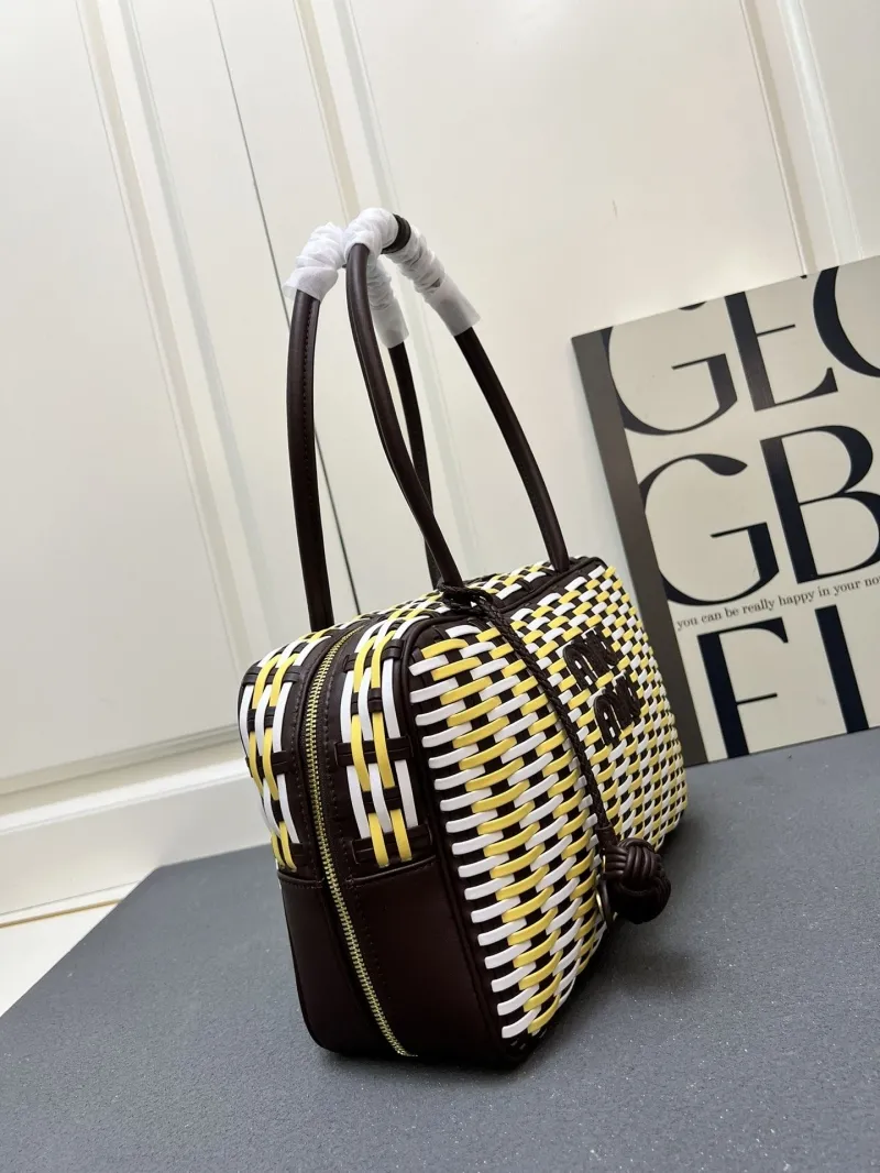 Miu Miu 1C6647 Large Yellow White Brown Woven Top Handle Bag - Image 4