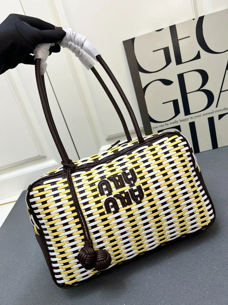 Miu Miu 1C6647 Large Yellow White Brown Woven Top Handle Bag - Image 5
