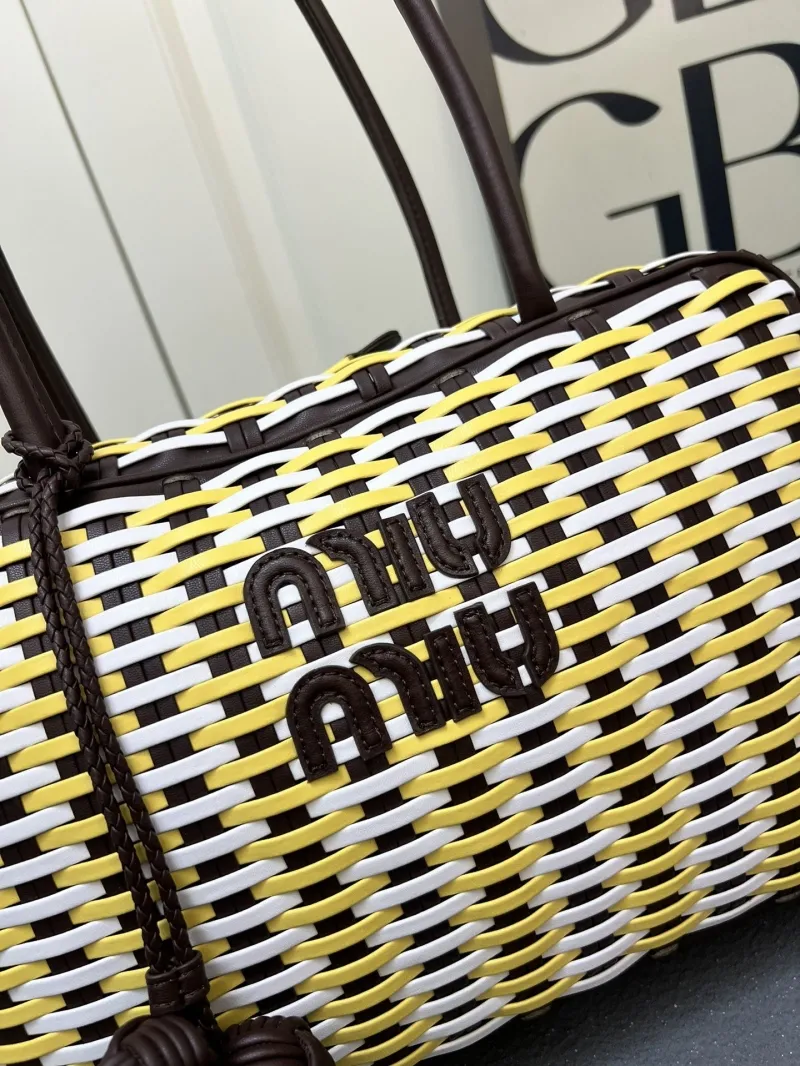 Miu Miu 1C6647 Large Yellow White Brown Woven Top Handle Bag - Image 6