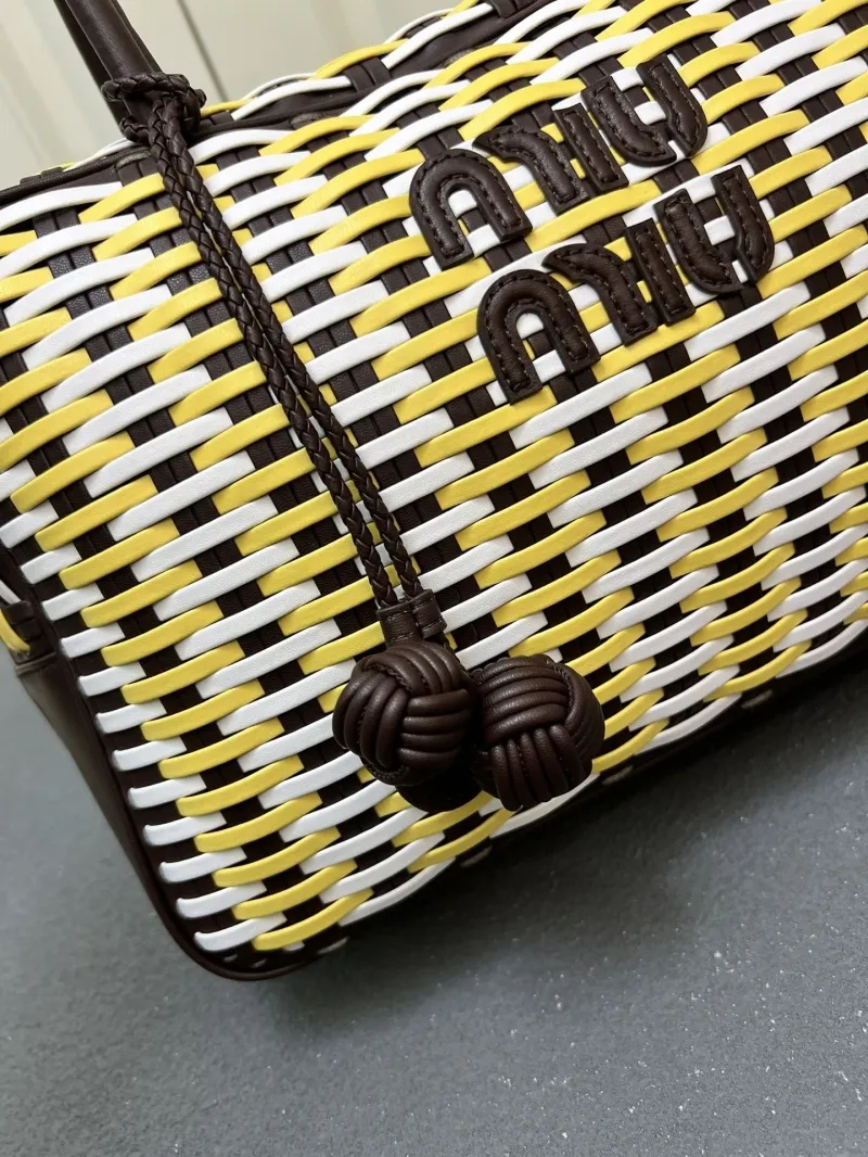 Miu Miu 1C6647 Large Yellow White Brown Woven Top Handle Bag - Image 7