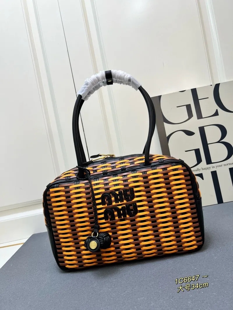 MIU MIU Large Orange Brown Woven Top Handle Bag 1C6647