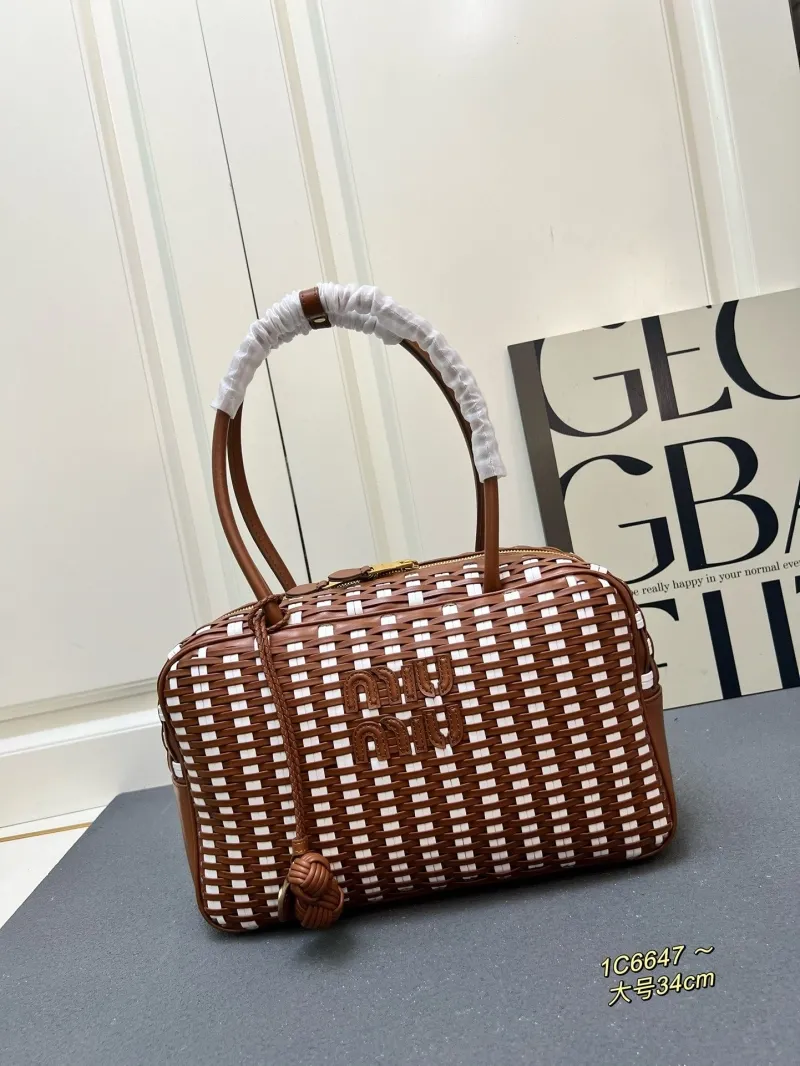 MIU MIU 1C6647 Large Woven Top Handle Bag Brown White