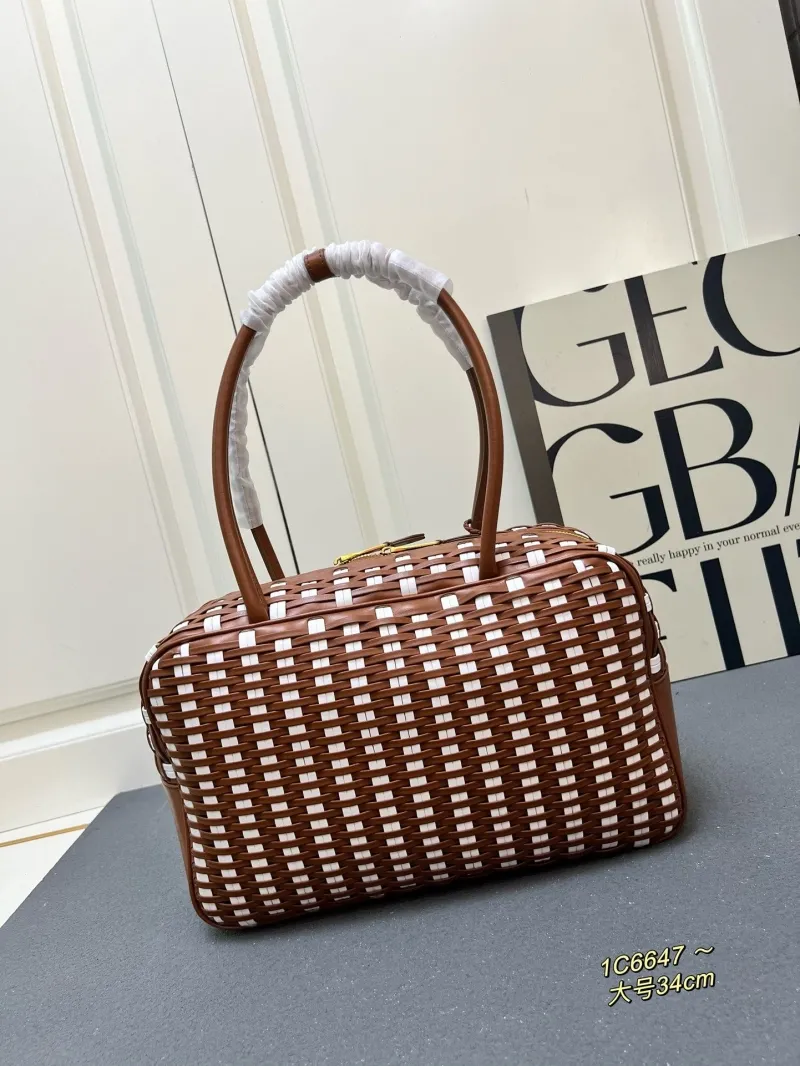 MIU MIU 1C6647 Large Woven Top Handle Bag Brown White - Image 3