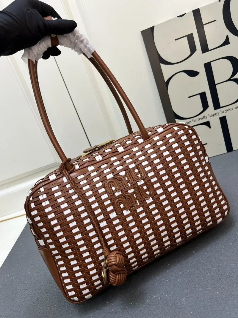 MIU MIU 1C6647 Large Woven Top Handle Bag Brown White - Image 5