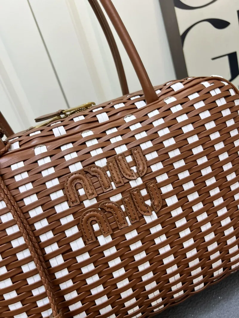 MIU MIU 1C6647 Large Woven Top Handle Bag Brown White - Image 6