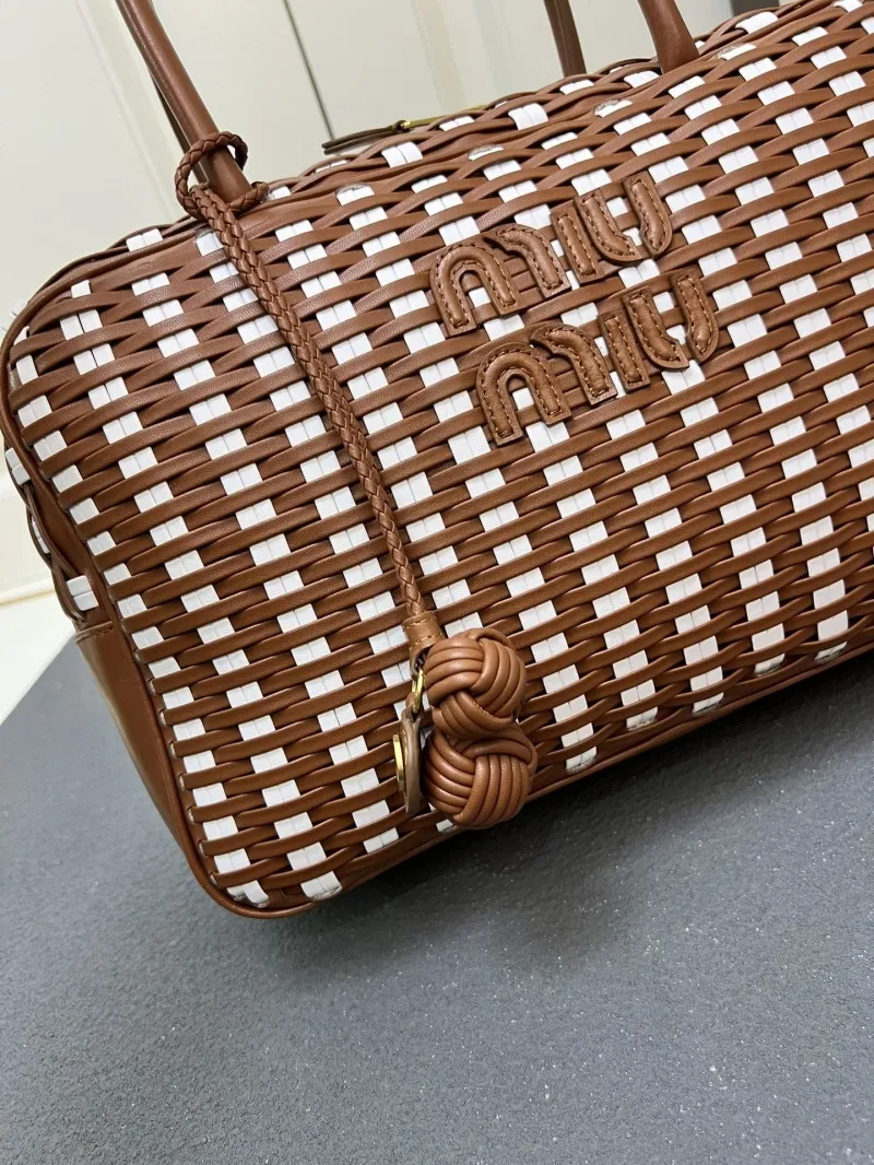 MIU MIU 1C6647 Large Woven Top Handle Bag Brown White - Image 7