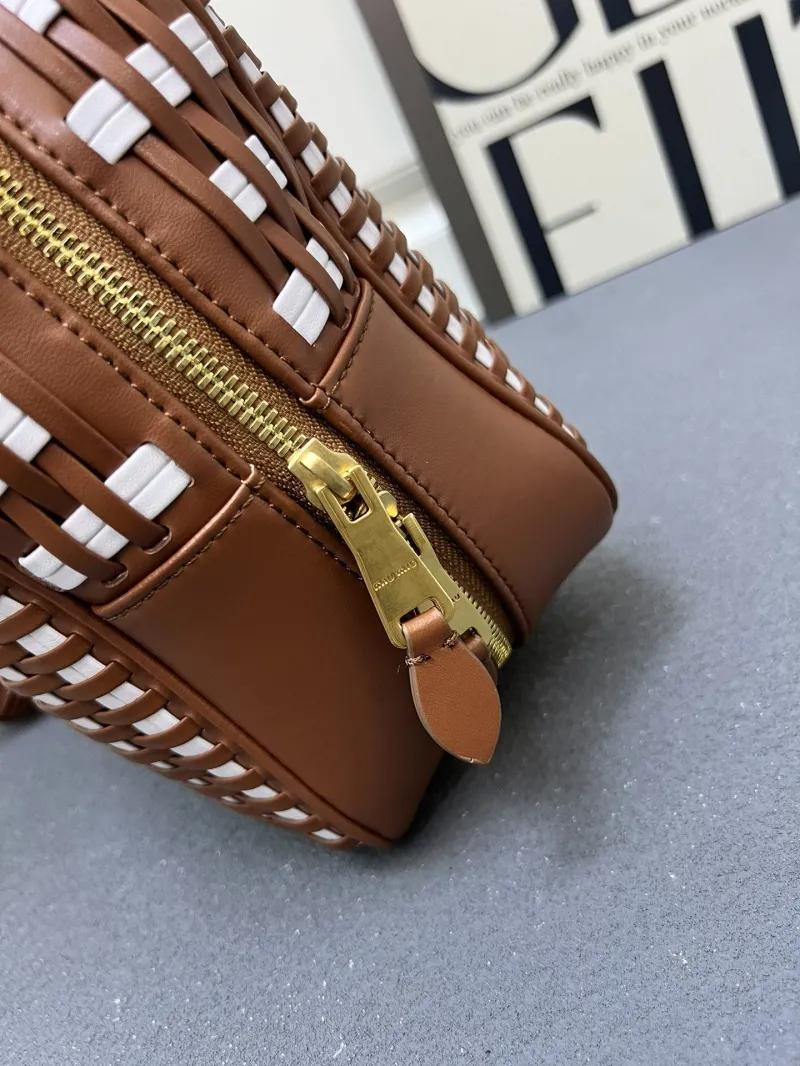 MIU MIU 1C6647 Large Woven Top Handle Bag Brown White - Image 9