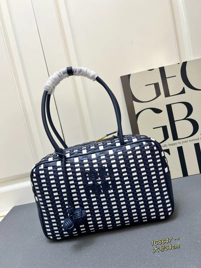 Miu Miu 1C6647 Navy White Woven Top Handle Bag Large 34cm
