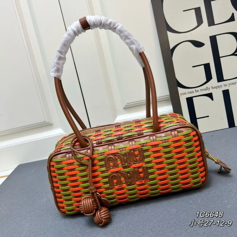 MIU MIU Small Woven Top Handle Bag Orange Green