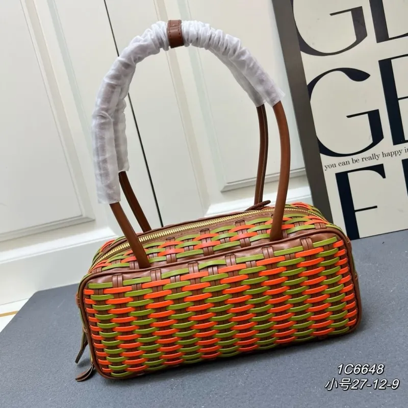 MIU MIU Small Woven Top Handle Bag Orange Green - Image 3