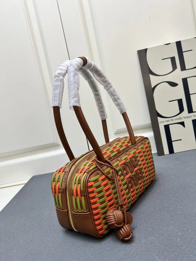 MIU MIU Small Woven Top Handle Bag Orange Green - Image 4