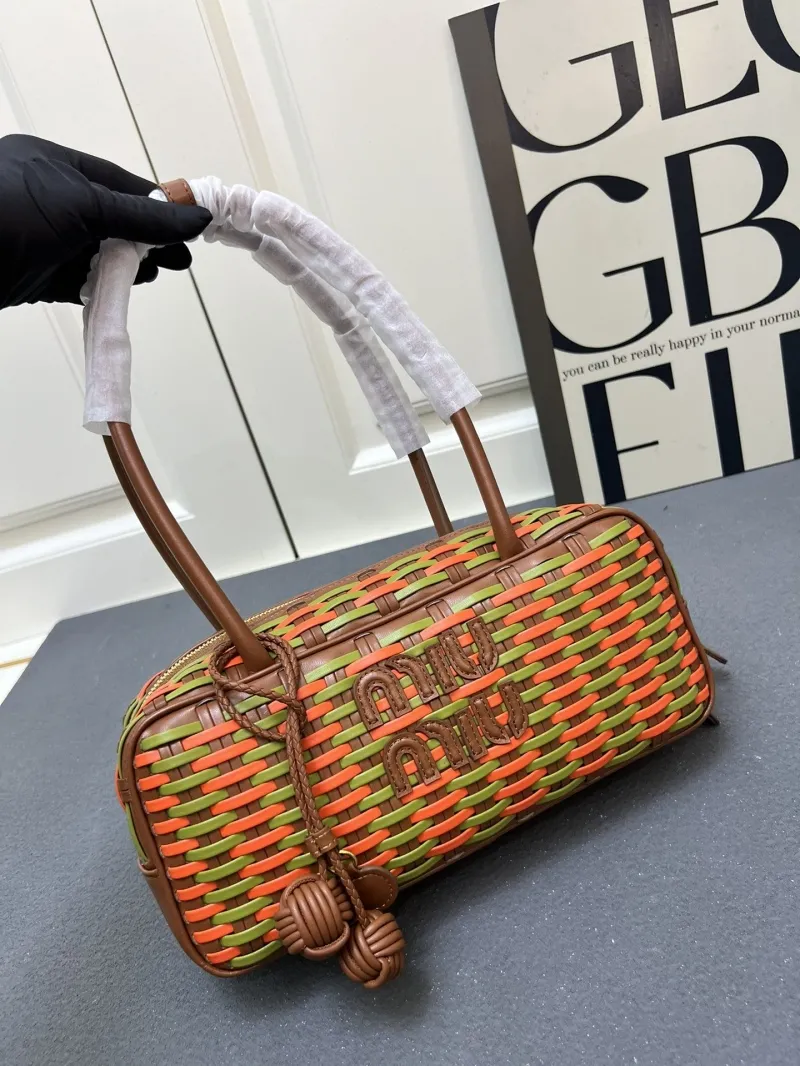 MIU MIU Small Woven Top Handle Bag Orange Green - Image 5