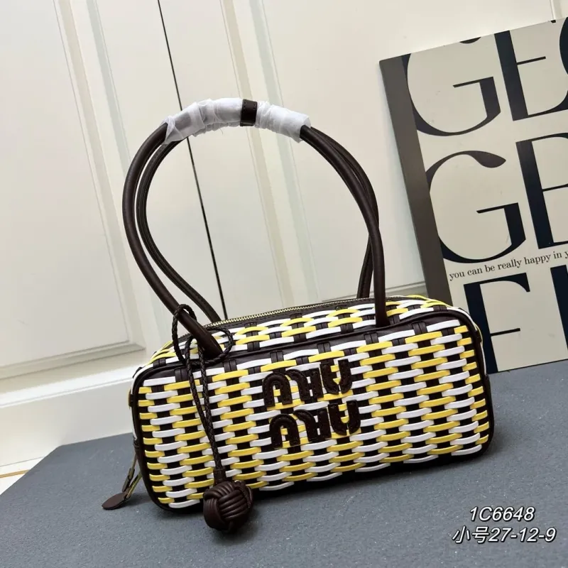 MIU MIU Yellow White Woven Small Top Handle Bag 1C6648