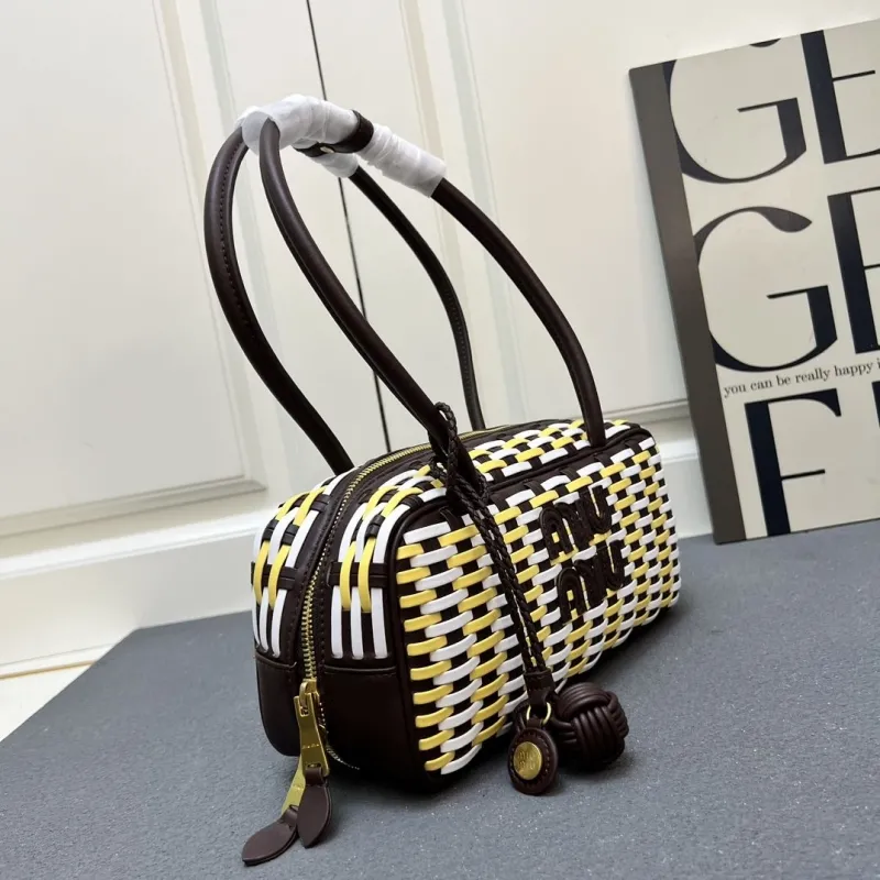 MIU MIU Yellow White Woven Small Top Handle Bag 1C6648 - Image 4