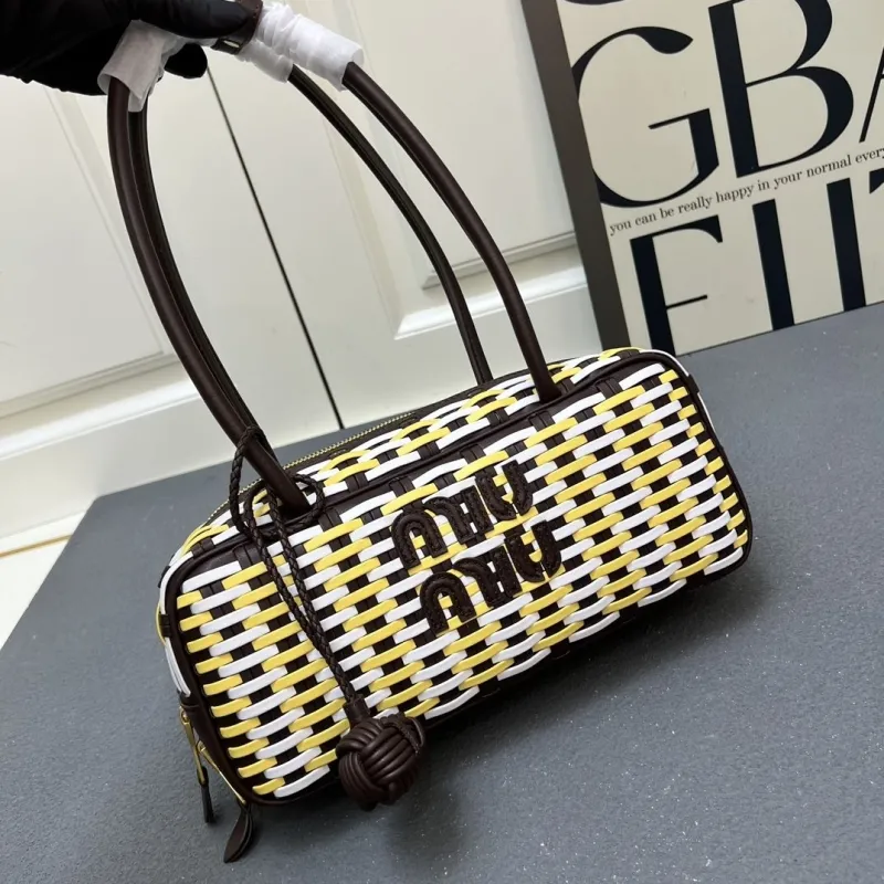 MIU MIU Yellow White Woven Small Top Handle Bag 1C6648 - Image 5