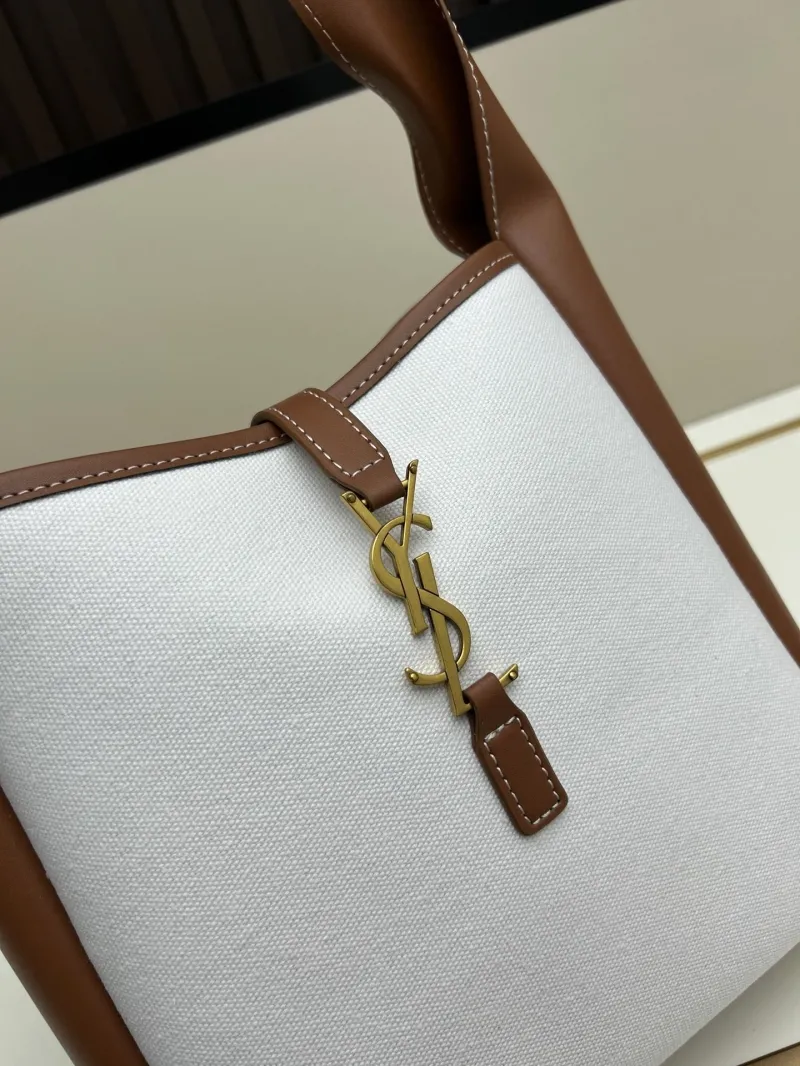 YSL White Brown Canvas Leather Hobo Shoulder Bag - Image 4