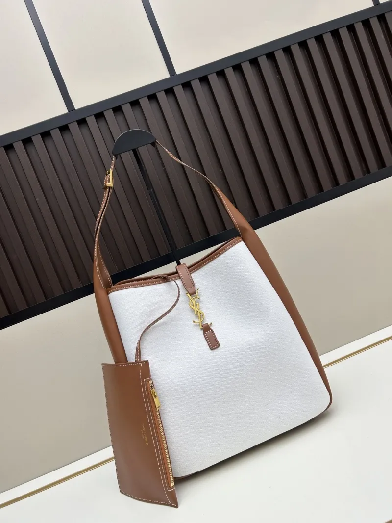 YSL White Brown Canvas Leather Hobo Shoulder Bag