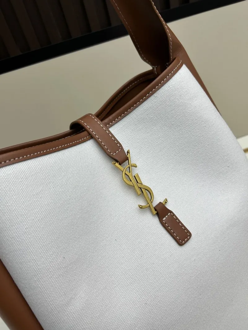 YSL White Brown Canvas Leather Hobo Shoulder Bag - Image 4