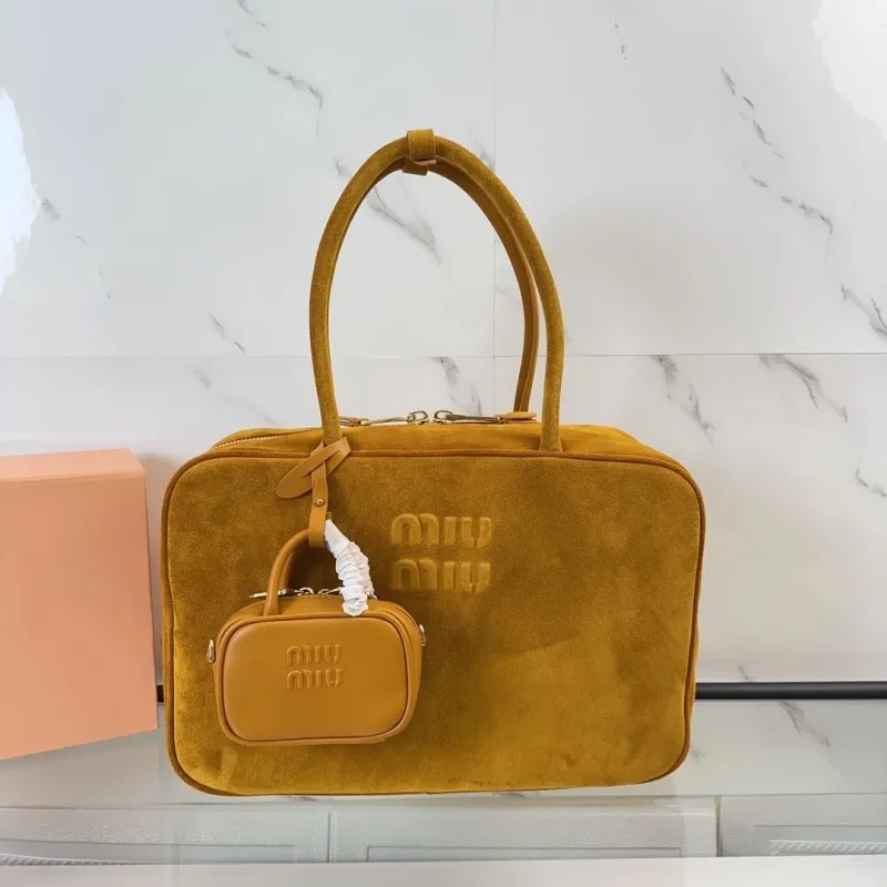 Miu Miu Mustard Suede Top Handle Bag with Mini Pouch