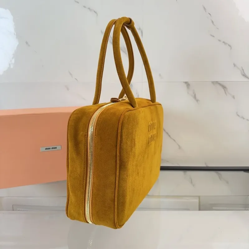 Miu Miu Mustard Suede Top Handle Bag with Mini Pouch - Image 3