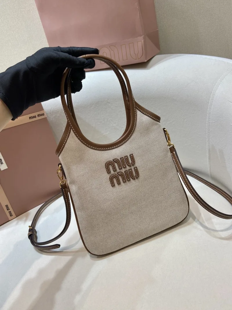 MIU MIU 554 Beige Brown Canvas Top Handle Bag