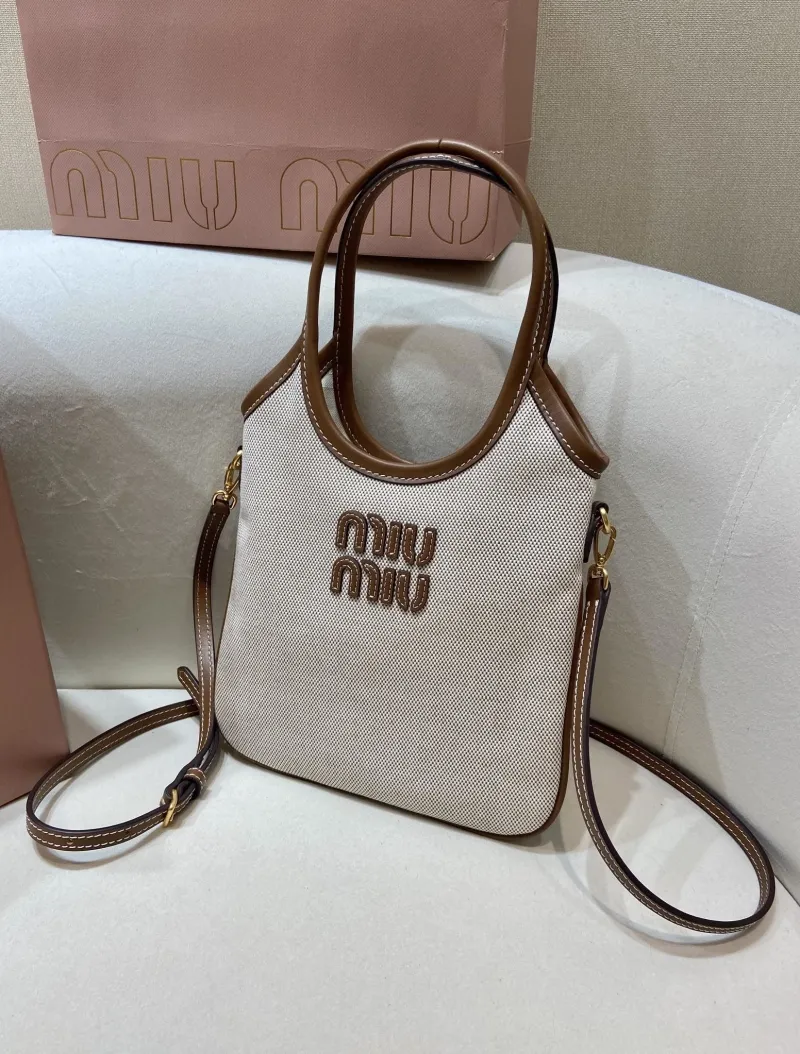 Alternative view of MIU MIU 554 Beige Brown Canvas Top Handle Bag