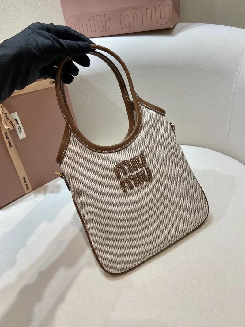 MIU MIU 554 Beige Brown Canvas Top Handle Bag - Image 3