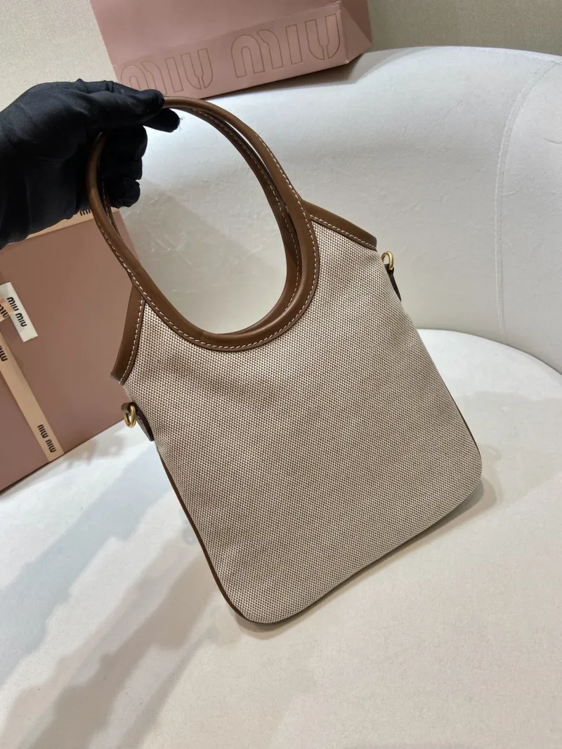 MIU MIU 554 Beige Brown Canvas Top Handle Bag - Image 4