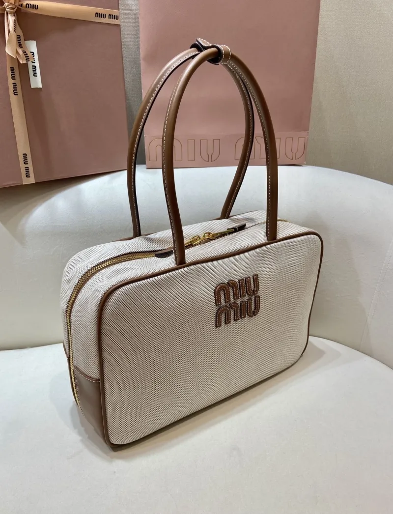 MIU MIU 555 Beige Canvas Top Handle Bag - Image 3