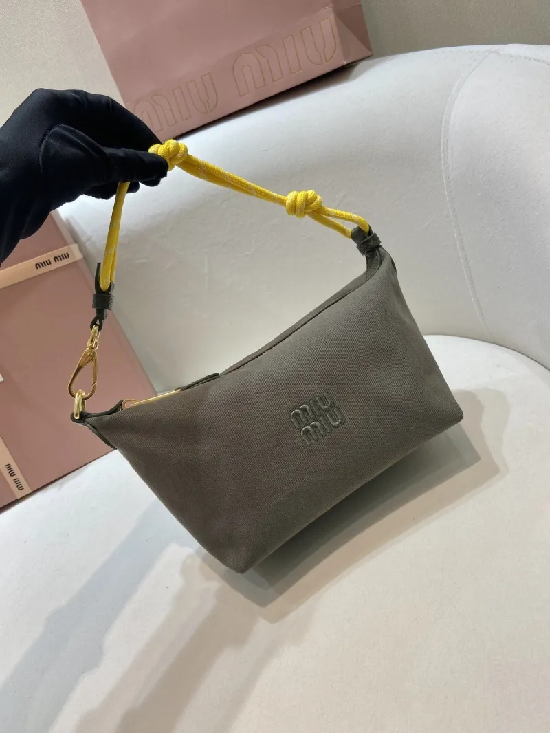 Miu Miu Gray Canvas Top Handle Bag with Yellow Strap