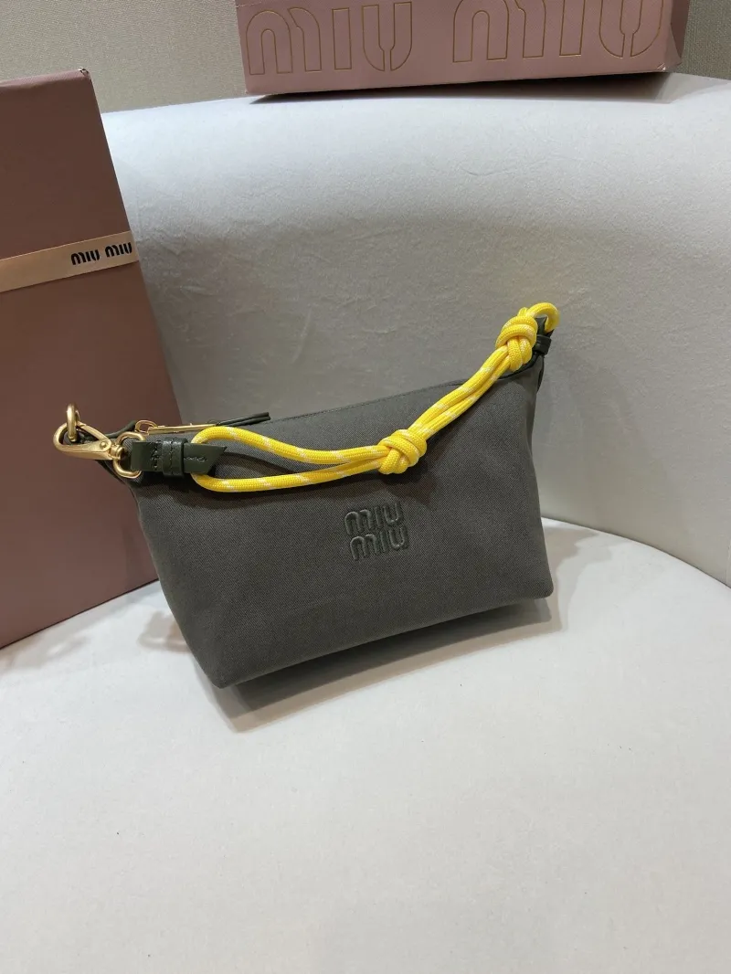 Alternative view of Miu Miu Gray Canvas Top Handle Bag with Yellow Strap