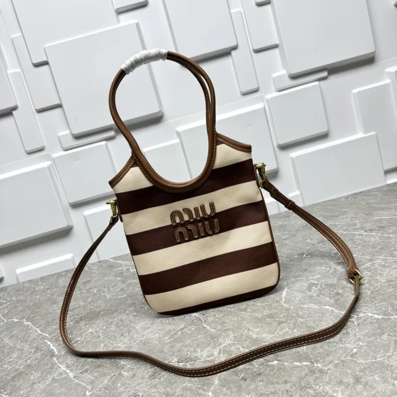 MIU MIU Brown Beige Striped Top Handle Crossbody Bag 581