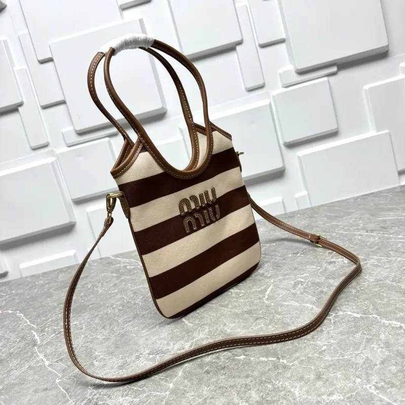 MIU MIU Brown Beige Striped Top Handle Crossbody Bag 581 - Image 4