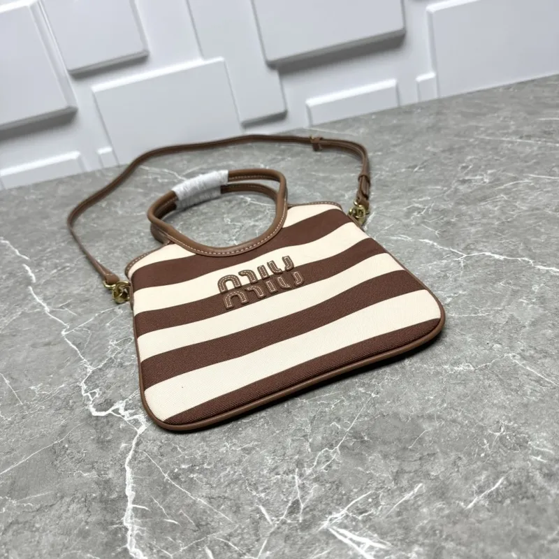 MIU MIU Brown Beige Striped Top Handle Crossbody Bag 581 - Image 6