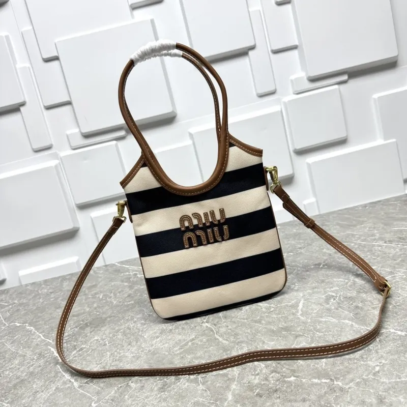 MIU MIU Black White Striped Top Handle Crossbody Bag 582