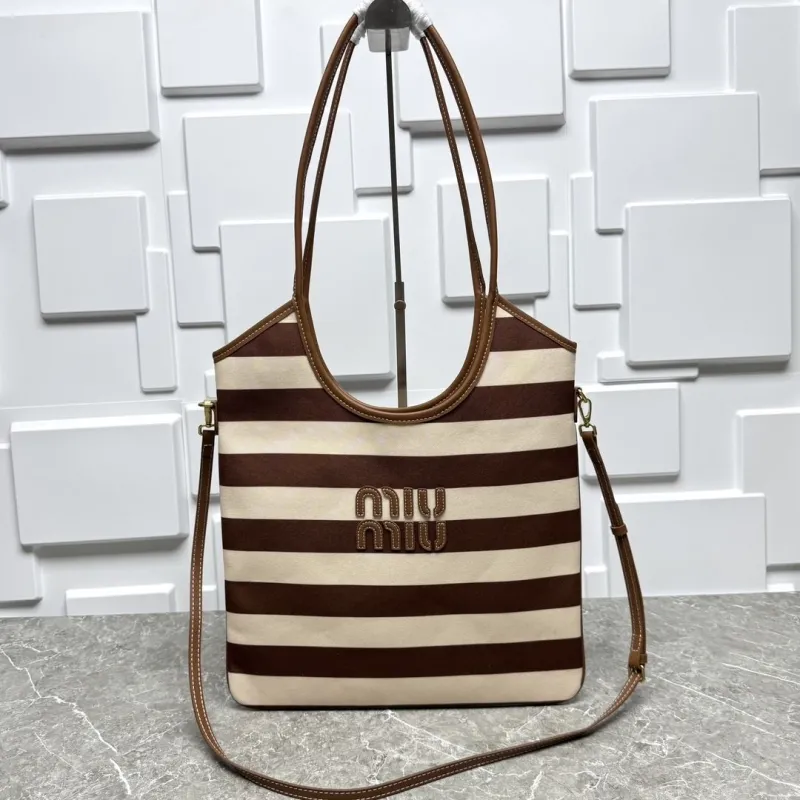 MIU MIU Brown Beige Striped Tote Bag 584