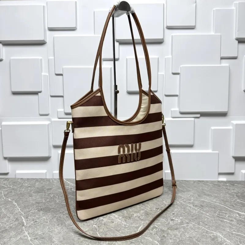 MIU MIU Brown Beige Striped Tote Bag 584 - Image 3