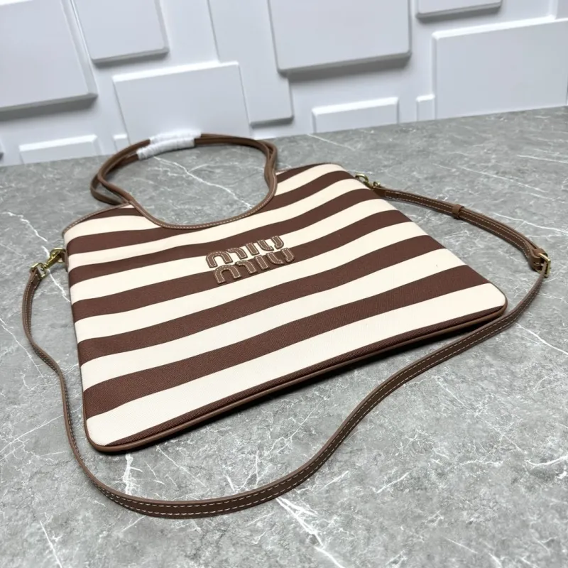 MIU MIU Brown Beige Striped Tote Bag 584 - Image 6