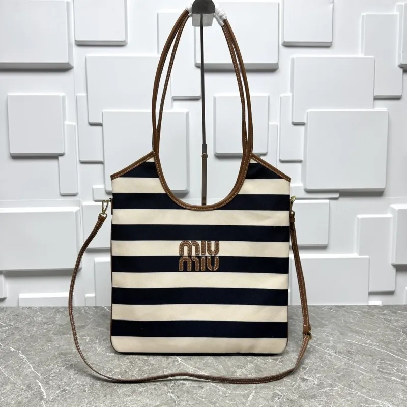 MIU MIU Black White Striped Top Handle Tote Bag 585