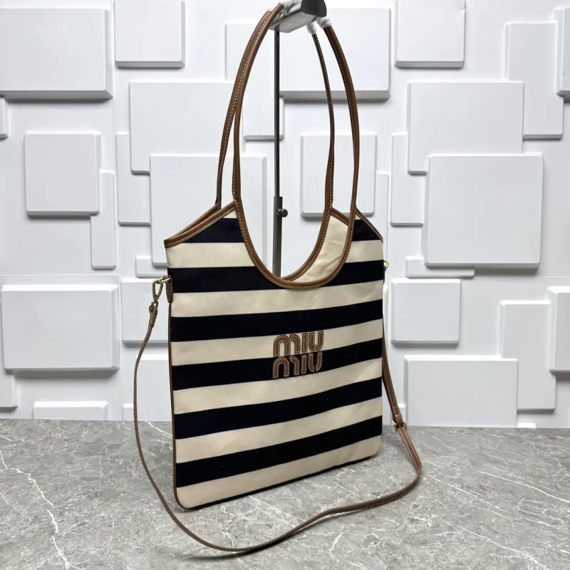 Alternative view of MIU MIU Black White Striped Top Handle Tote Bag 585
