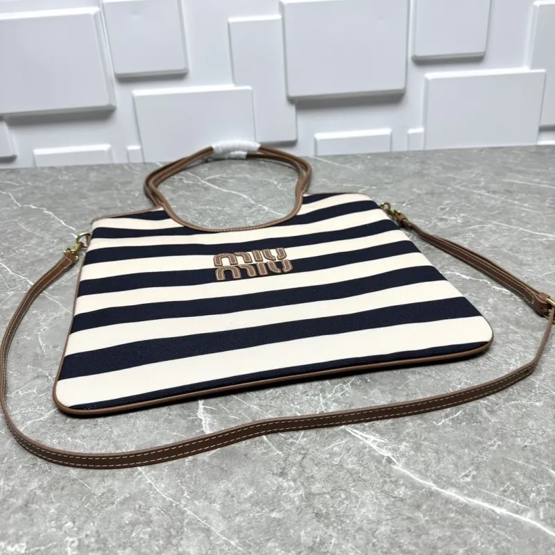 MIU MIU Black White Striped Top Handle Tote Bag 585 - Image 4