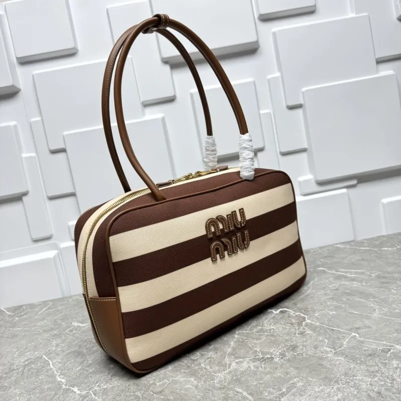 Miu Miu Brown Beige Striped Top Handle Bag 598 - Image 3