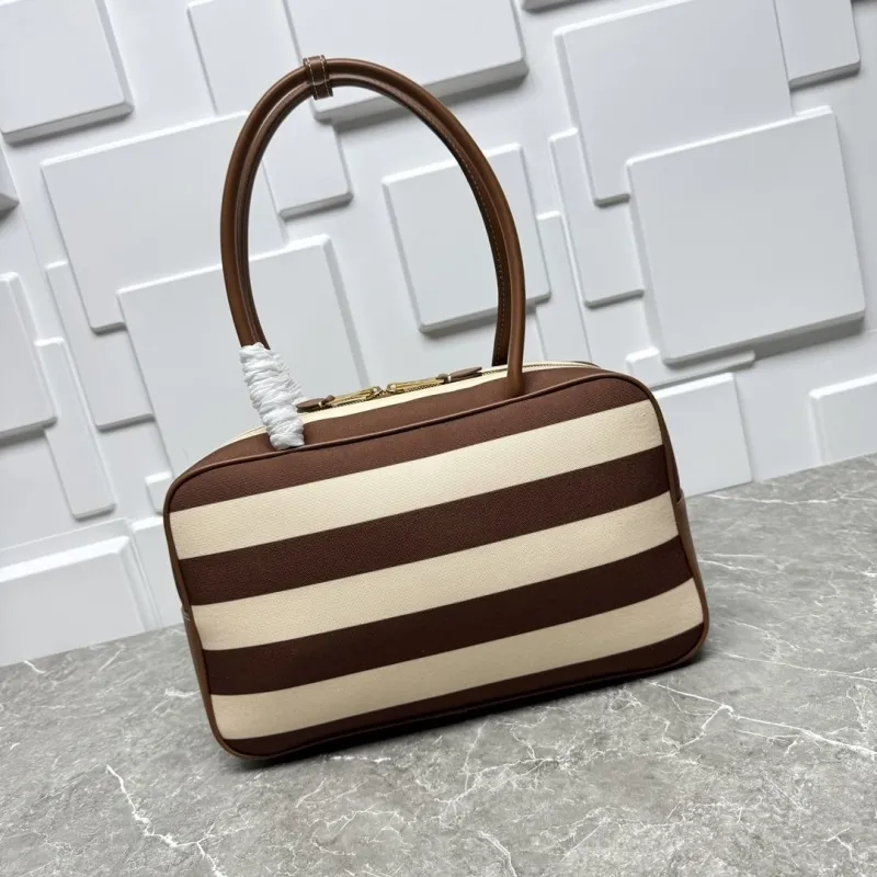Miu Miu Brown Beige Striped Top Handle Bag 598 - Image 9
