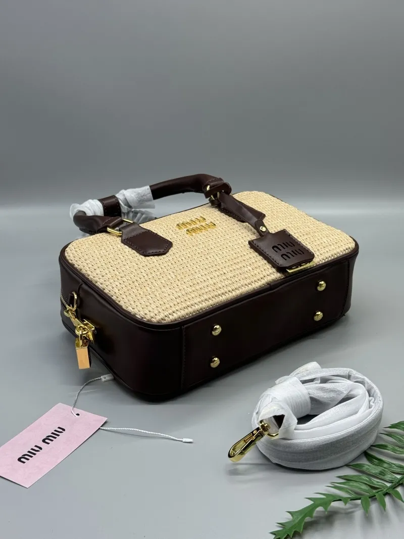 Miu Miu Beige Brown Woven Top Handle Bag 637 - Image 4