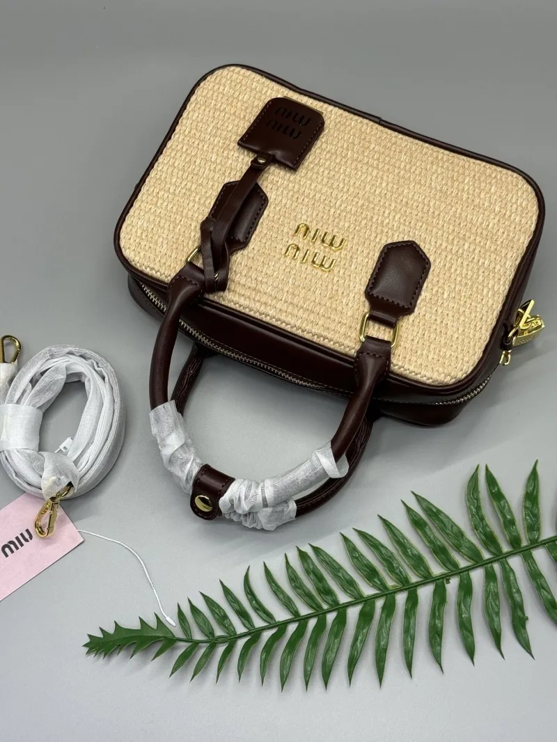 Miu Miu Beige Brown Woven Top Handle Bag 637 - Image 8