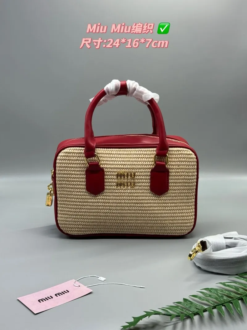 Miu Miu Beige Red Woven Top Handle Bag
