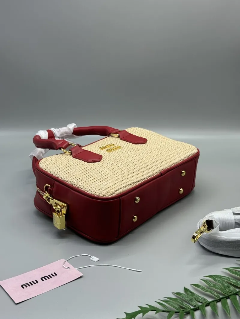 Miu Miu Beige Red Woven Top Handle Bag - Image 3