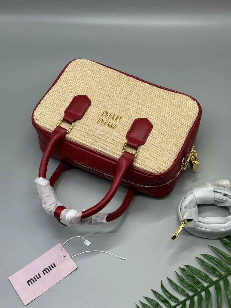 Miu Miu Beige Red Woven Top Handle Bag - Image 4