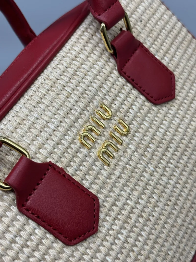 Miu Miu Beige Red Woven Top Handle Bag - Image 5