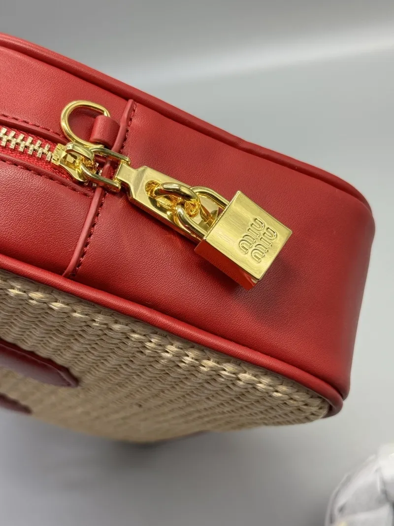 Miu Miu Beige Red Woven Top Handle Bag - Image 6